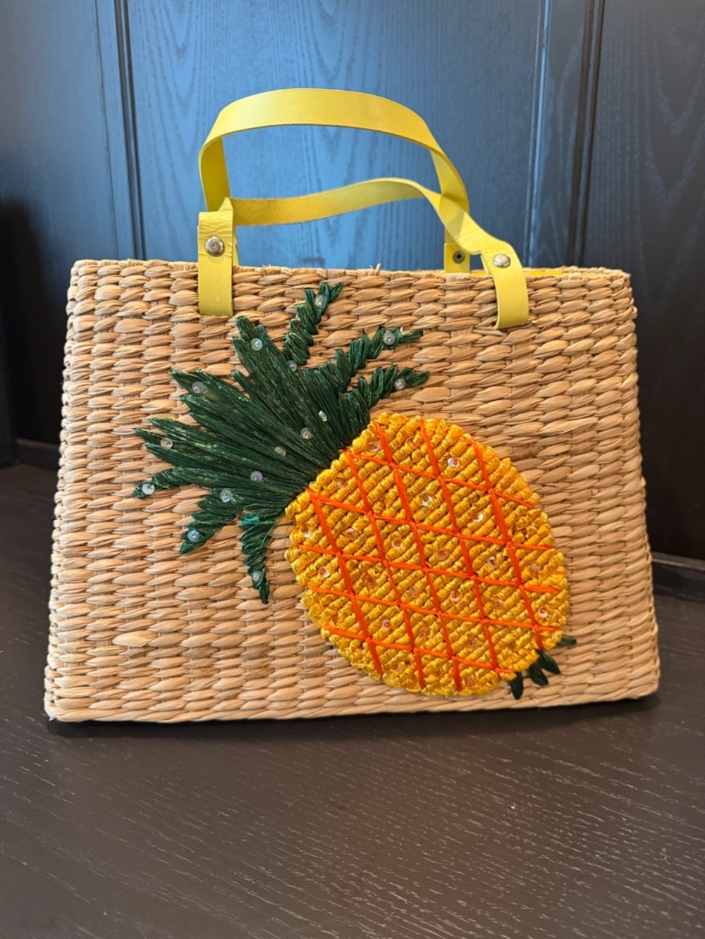 Woven Pineapple Straw Tote Bag with Yellow Handles
